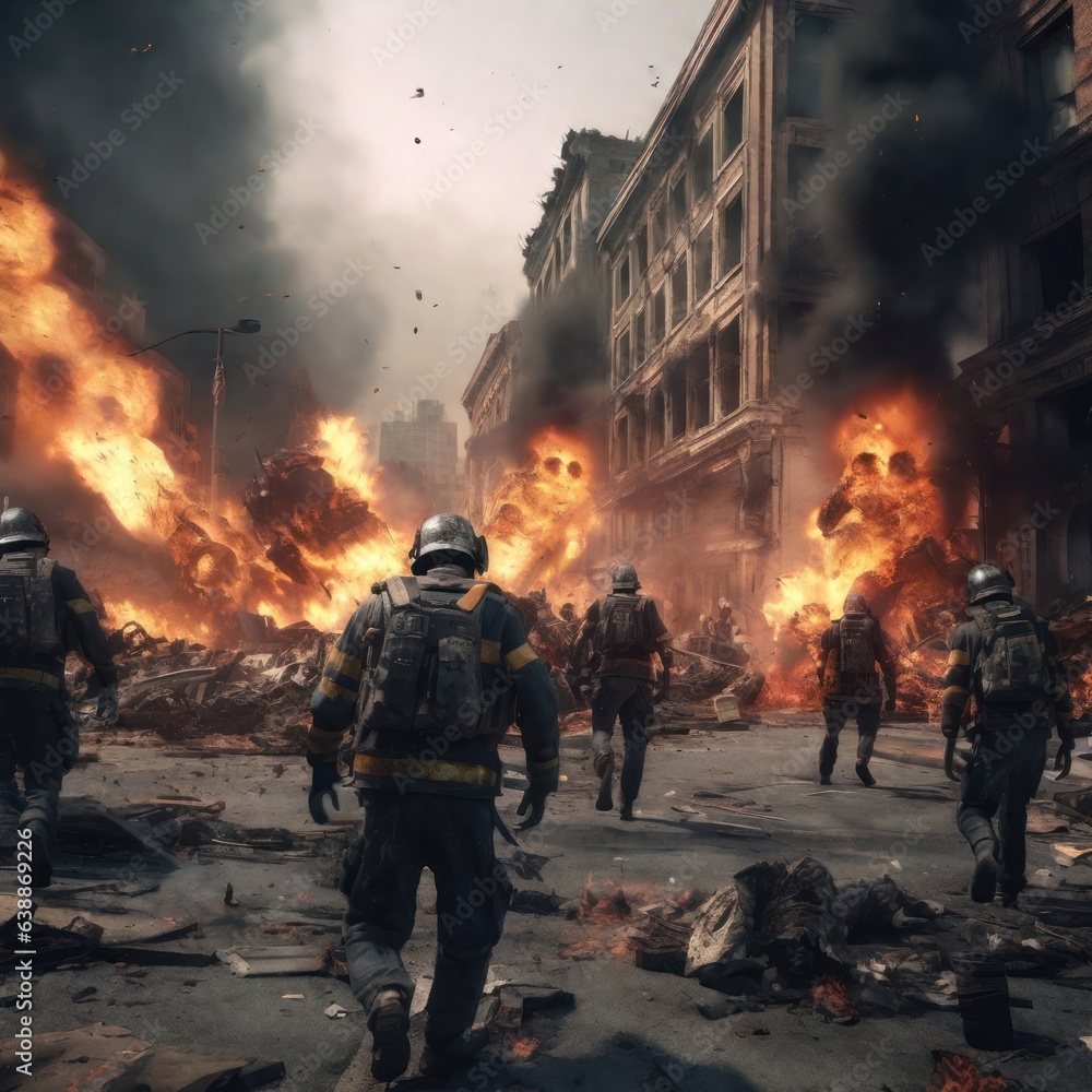 Obraz premium Illustration of a city destroyed by bombs, the effects of war There are zombies all over the city. generative AI
