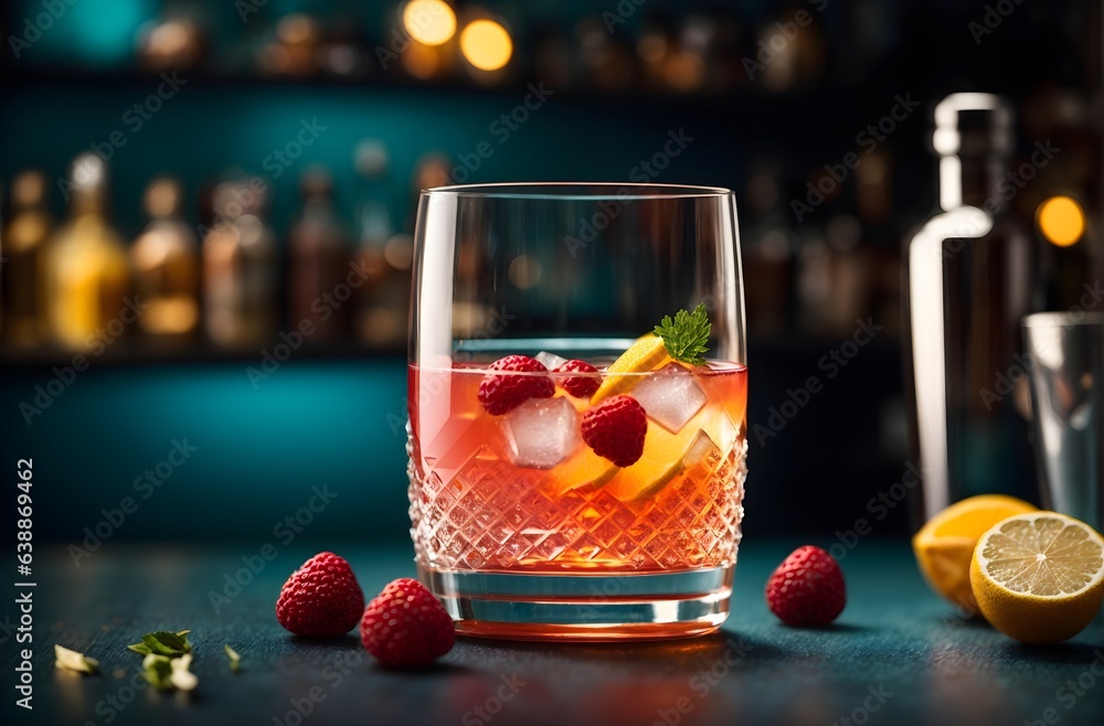 Closeup product shot, cocktail in glass decorated with fruits isolated banner with copy space text