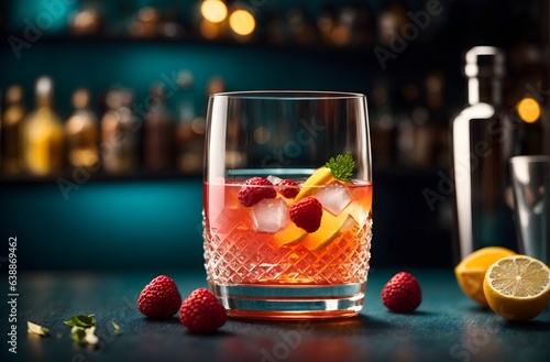 Obraz na płótnie Closeup product shot, cocktail in glass decorated with fruits isolated banner with copy space text w salonie