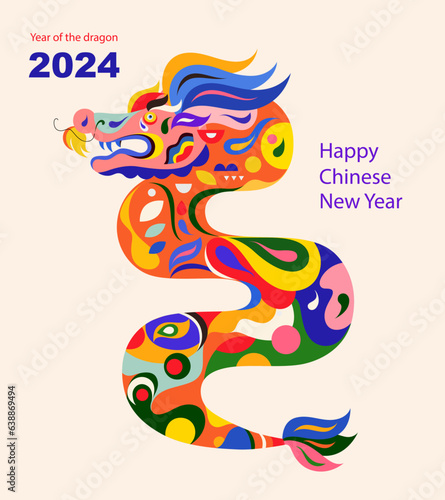 Happy Chinese New Year 2024 vector design. Symbol of 2024 Year of the Dragon. 2024 Happy New Year template. Vector illustration with colorful Dragon. Calendar design
