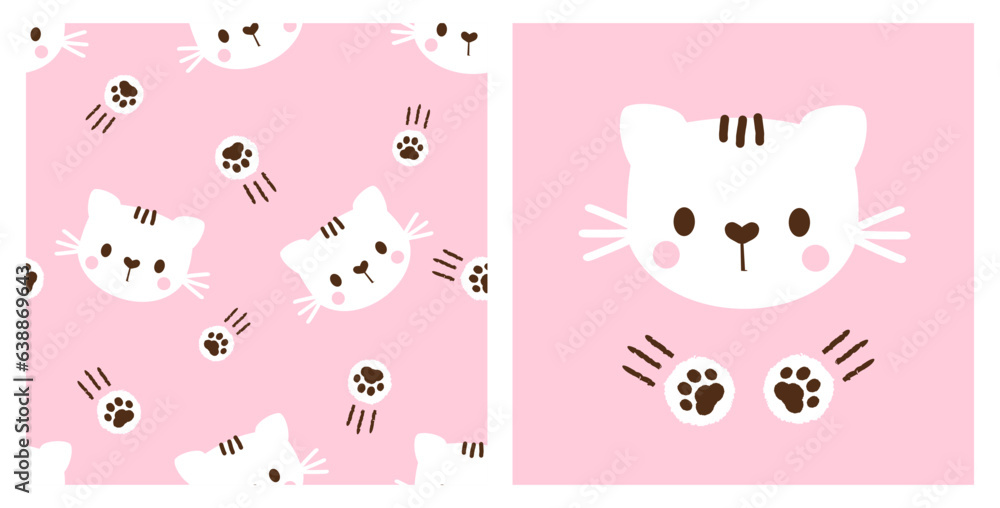 Seamless pattern with paw prints and cat kitten cartoons on pink background vector illustration. Cute childish print. Seamless pattern with paw prints and cat kitten cartoons on pink background vector illustration. Cute childish print.