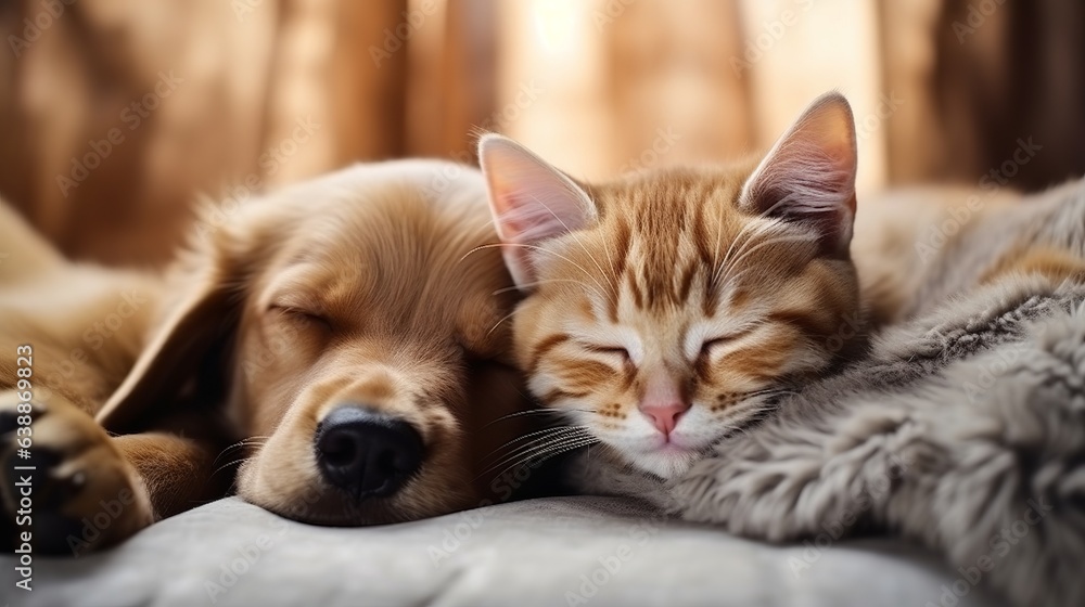 Cat and dog sleeping together. Kitten and puppy taking nap. Animal care. Love and friendship