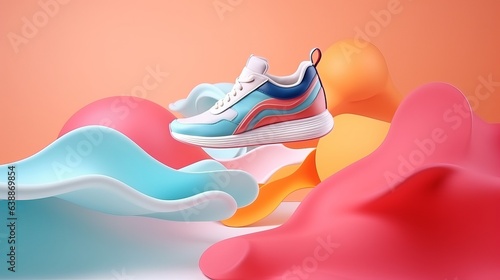 Flying trendy sneakers on creative colorful background, Stylish fashionable minimalism