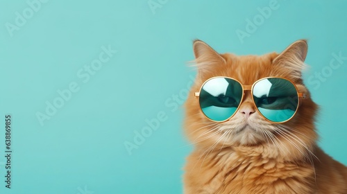 Closeup portrait of funny ginger cat wearing sunglasses isolated on light cyan background