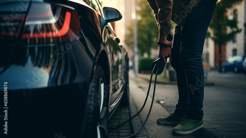 Midsection of man plugging in cable while charging electric car
