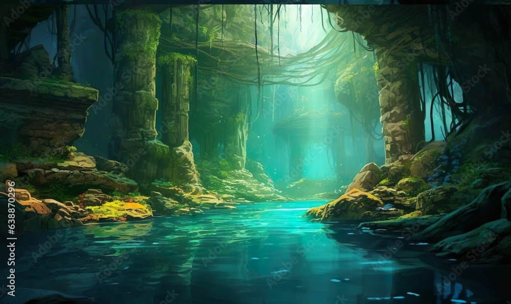 A painting of a cave with a waterfall and a river with a tunnel that leads to a cave