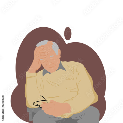 One bald old man sitting down, right hand holding chin, left hand holding eyeglasses is feeling downfall on brown background .Vector isolate flat design concept for depression, lonely, depression