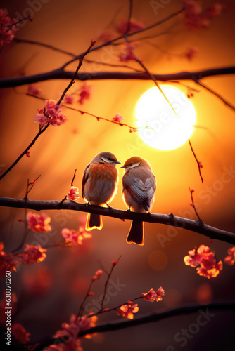 Lovely Birds Couple sitting on Blooming Tree at Sunset