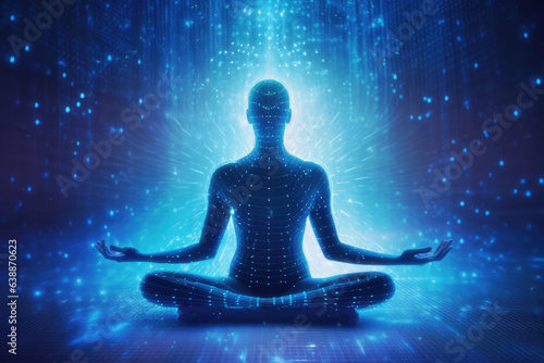 A man silhouette in meditation pose filled and surrounded with binary code, representing the fusion of human consciousness and digital data. Generative AI illustration