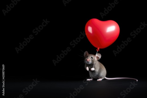 Mouse holding red heart shaped balloon on black background. Valentine's day greeting card.