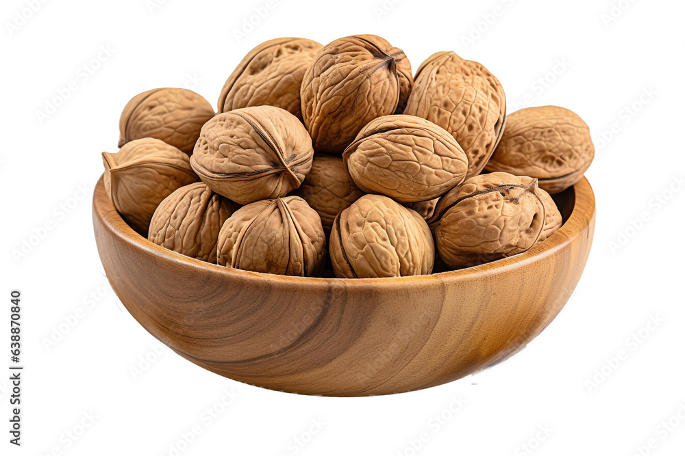 Walnuts in the bowl on isolated background.Healthy and vegan concept.Created with Generative AI technology. Walnuts in the bowl on isolated background.Healthy and vegan concept.Created with Generative AI technology.