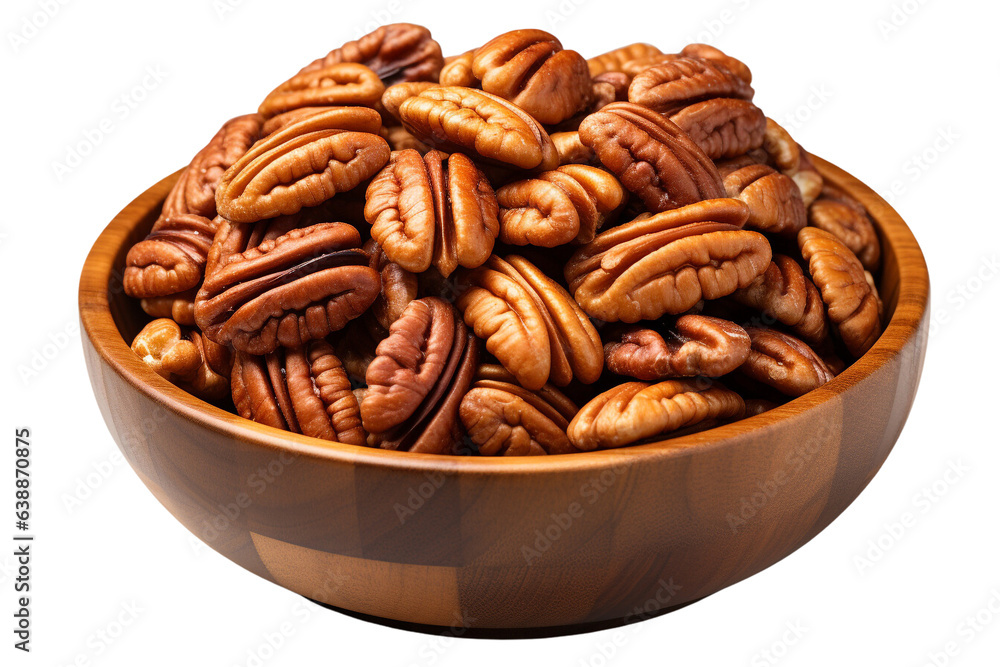Candied Pecans in the bowl on isolated background.Healthy and vegan concept.Created with Generative AI technology. Candied Pecans in the bowl on isolated background.Healthy and vegan concept.Created with Generative AI technology.