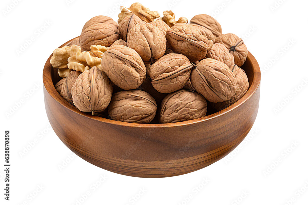 Walnuts in the bowl on isolated background.Healthy and vegan concept.Created with Generative AI technology. Walnuts in the bowl on isolated background.Healthy and vegan concept.Created with Generative AI technology.