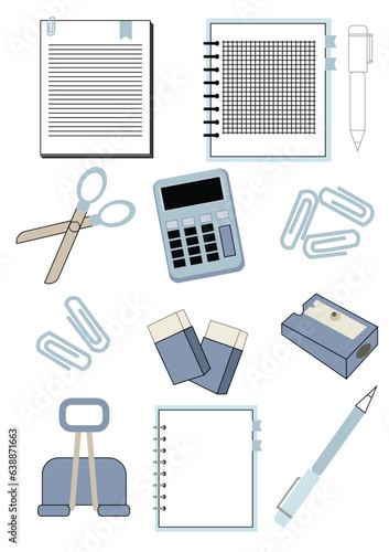 Office objects set. Notebook, calculator, pin, clips, eraser...