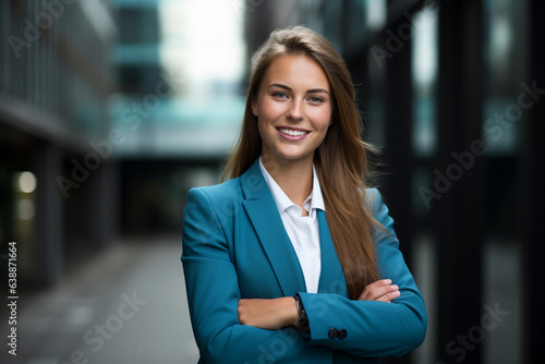 Portrait of a beautiful businesswoman in a suit standing outside an office building
