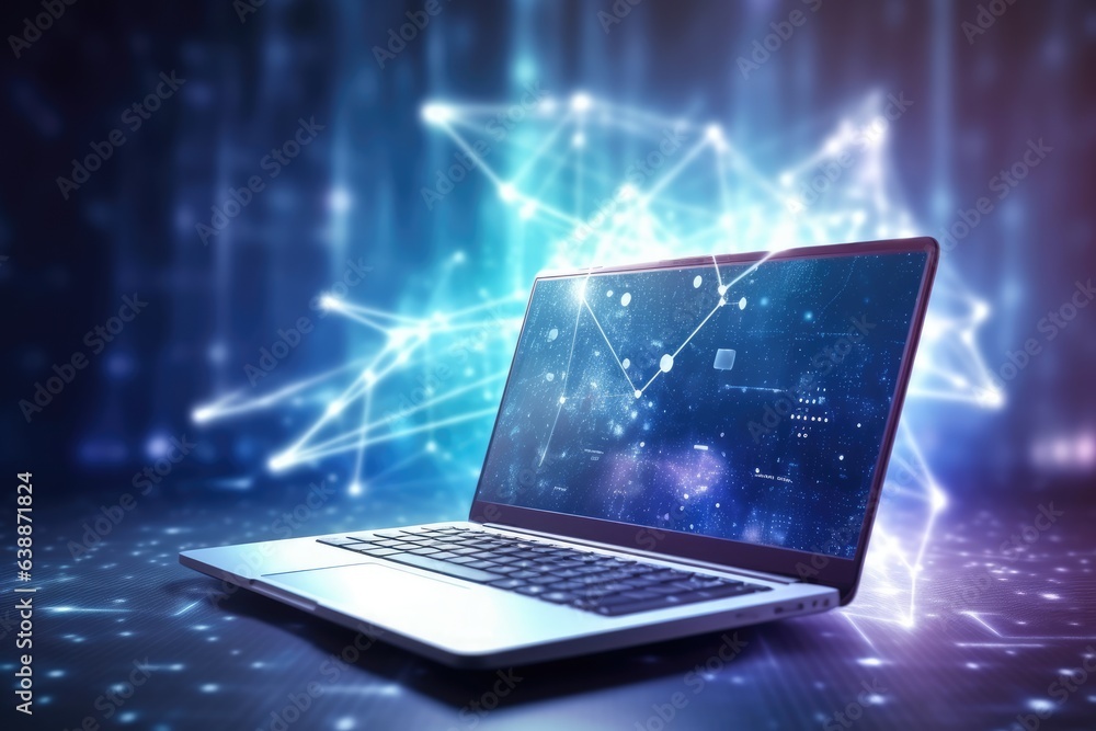 Modern laptop caught in the swirling vortex of data nanotechnology and artificial intelligence Modern laptop caught in the swirling vortex of data nanotechnology and artificial intelligence