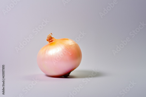 Onion on a solid color background. Isolated object in photo studio. Commercial shot with copyspace.