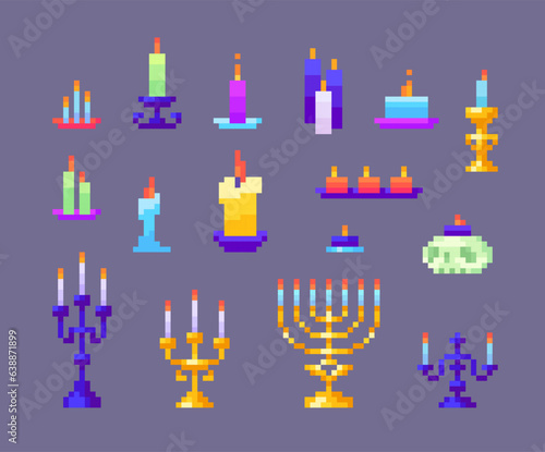 Pixel art candle icons set. Collection of vintage wax candle holder with burning and extinct candlelight. Retro medieval candelabra. Pixelated cartoon candlestick and menorah, 8 bit retro style vector