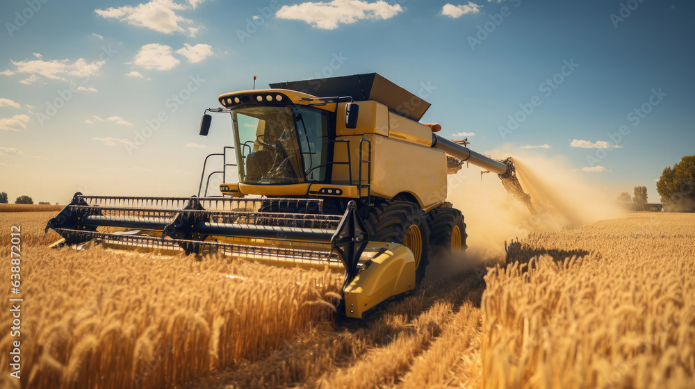 Obraz premium Generative AI, a large combine harvester rides through a wheat field, agricultural transport, autumn harvest, agricultural machinery, agrarian industry, grain harvesting