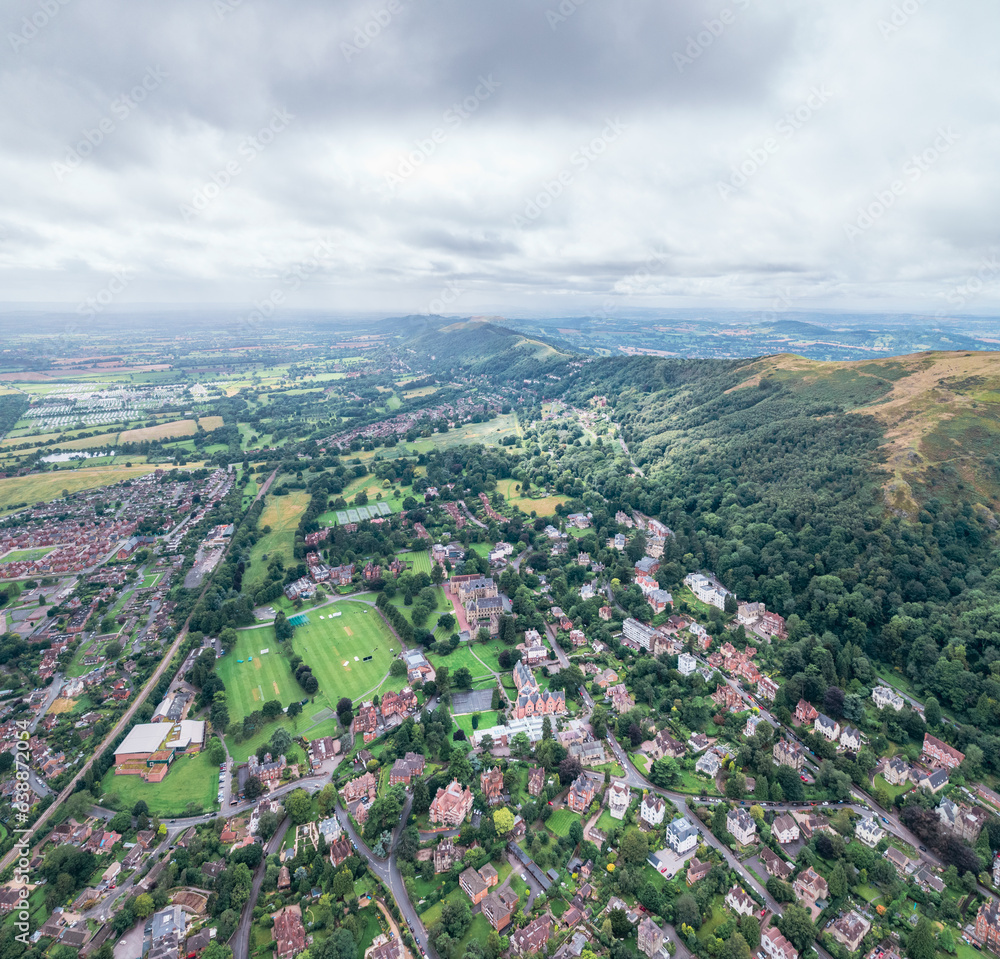 Amazing aerial view of the Malvern Hills and town center of Great Malvern, The famous village for outdoor and tourist, England