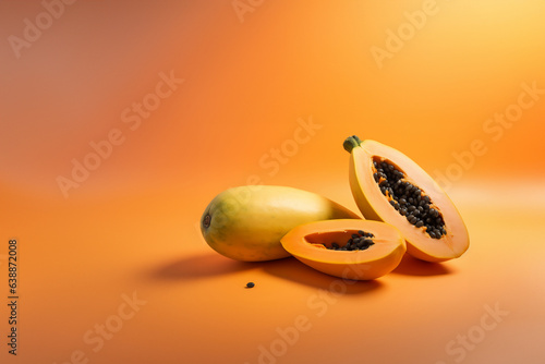 Papaya fruit on a solid color background. Isolated object in photo studio. Commercial shot with copyspace.