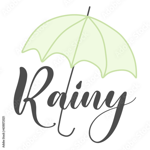 Lettering Rainy under Umbrella. Vector autumn or spring template. Rainy autumnal illustration with green parasol and text. Design art for Banner, postcard, sale, fabric, child's room decoration