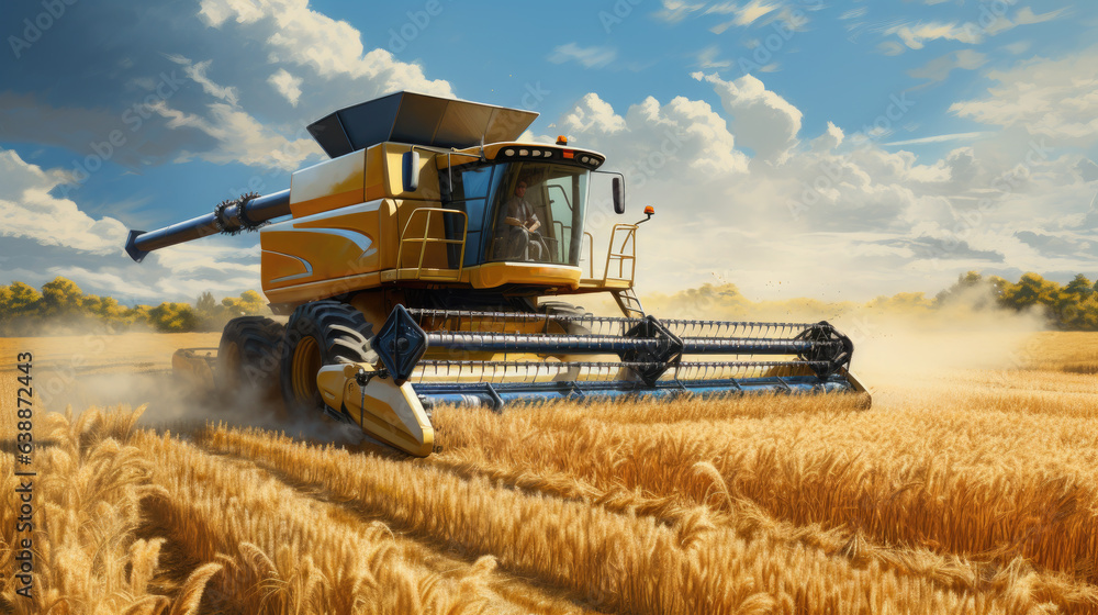 Obraz premium Generative AI, a large combine harvester rides through a wheat field, agricultural transport, autumn harvest, agricultural machinery, agrarian industry, grain harvesting
