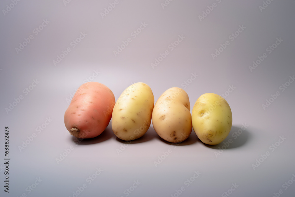 Potato on a solid color background. Isolated object in photo studio. Commercial shot with copyspace. Potato on a solid color background. Isolated object in photo studio. Commercial shot with copyspace.