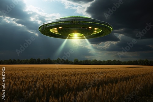 Flying saucer, UFO, over a green wheat field