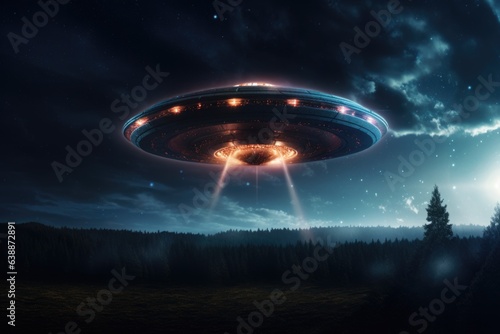 Image of a UFO hovering over the forest at night