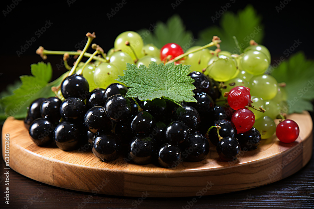 black currant on a wooden plate