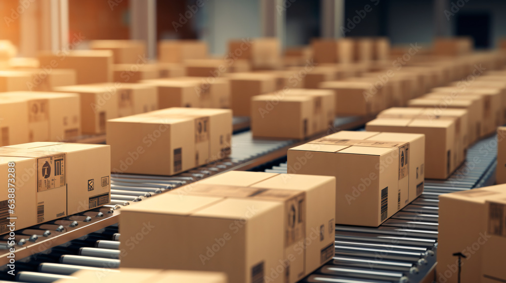 Closeup of multiple cardboard box packages smoothly gliding along a conveyor belt in a modern warehouse fulfillment center, capturing the essence of e-commerce, delivery & automation. Generative AI Closeup of multiple cardboard box packages smoothly gliding along a conveyor belt in a modern warehouse fulfillment center, capturing the essence of e-commerce, delivery & automation. Generative AI
