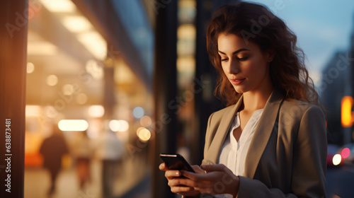 Blurred background featuring a close-up of a businesswoman using her smart mobile phone outdoors. She is networking and typing an SMS message on a city street, with a sense of motion blur present.AI