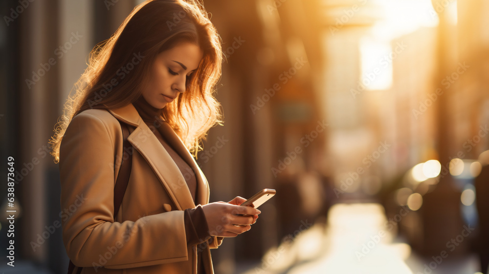 Close-up of a businesswoman using her smartphone outdoors. Modern background with a professional checking messages in the city street.

Generative AI. - obrazy, fototapety, plakaty 