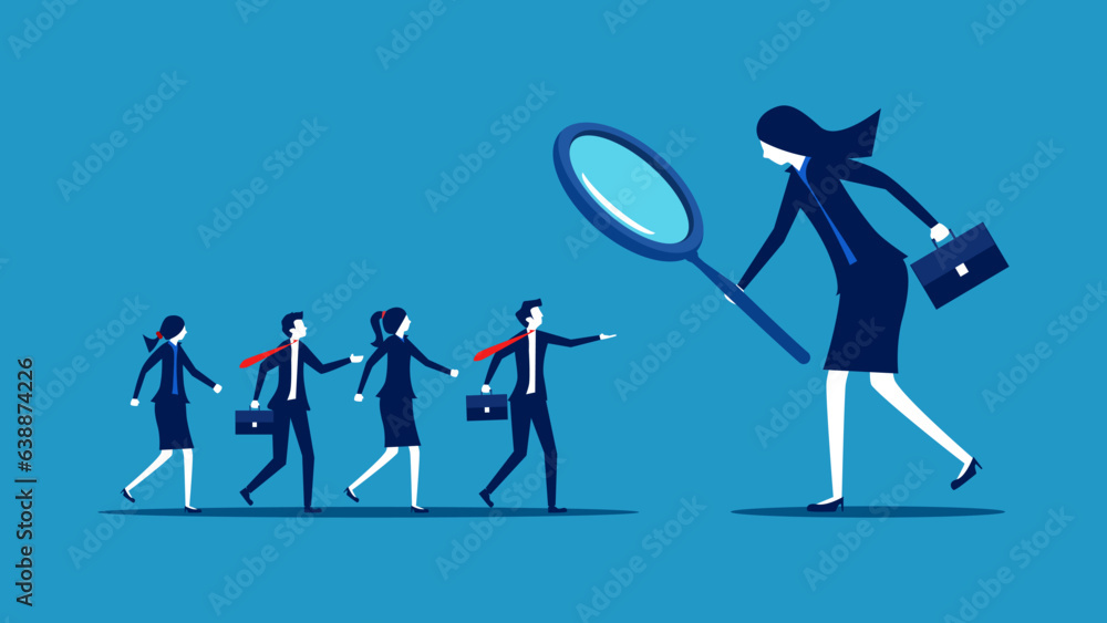 Find human resources. Businesswoman using a magnifying glass to select job applicants. vector