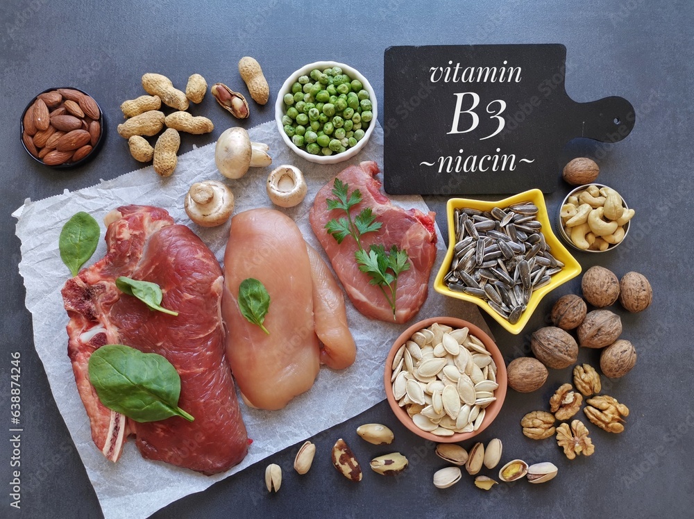 Healthy food rich in vitamin B3 (niacin). Natural food sources of