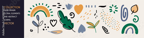 Set of scribble textures and hand drawn floral elements. Vector illustration.