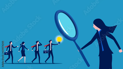 Recruiting knowledgeable personnel. Businesswoman using a magnifying glass to select smart job candidates. vector