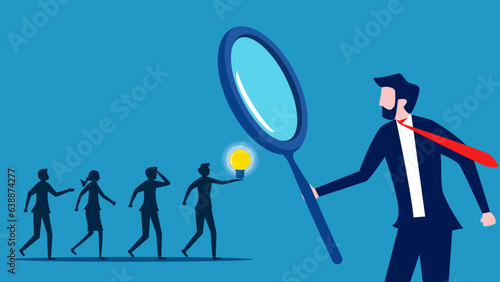 Recruiting knowledgeable personnel. Businessman using a magnifying glass to select smart job candidates. vector © Nastudio