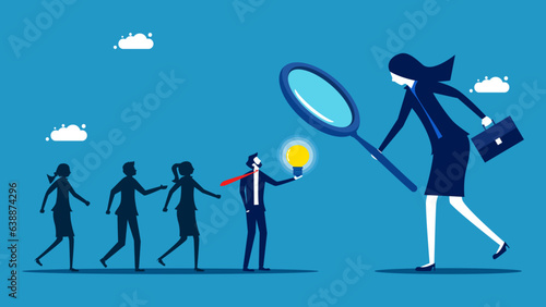 Recruitment with wisdom. Businesswoman using a magnifying glass to select smart job candidates. vector