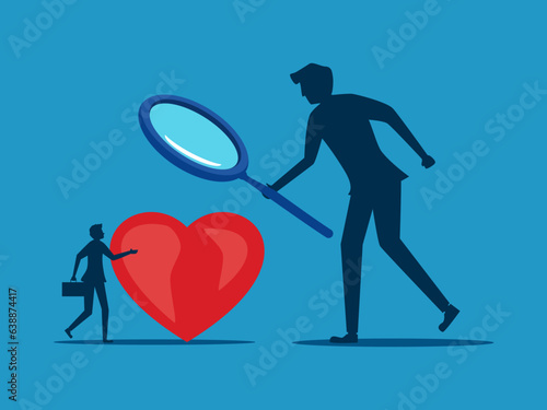 Health check. Businessman boss uses a magnifying glass to examine the heart. vector