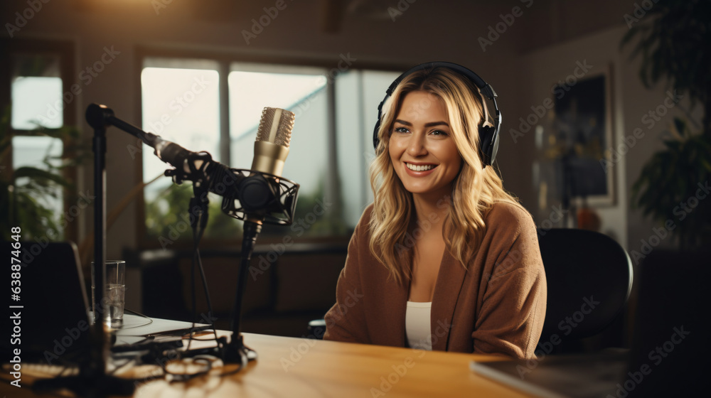 Business woman interviewed for a podcast. Podcaster making audio podcast from studio.
Generative AI Business woman interviewed for a podcast. Podcaster making audio podcast from studio.
Generative AI