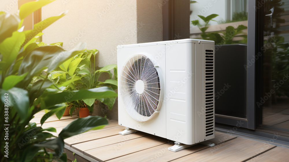 Air source heat pump installed in a residential building, providing sustainable and clean energy for a modern home background.
Generative AI Air source heat pump installed in a residential building, providing sustainable and clean energy for a modern home background.
Generative AI