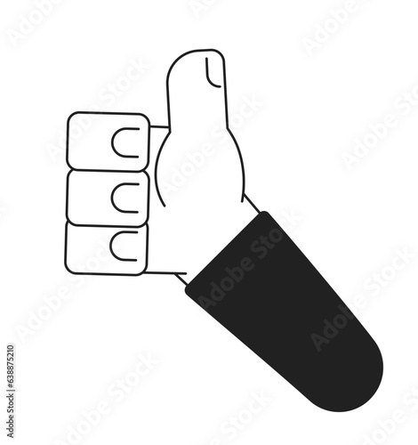 Thumb up monochrome flat vector hand. Show approval. Hand gesture. Editable black and white thin line icon. Simple cartoon clip art spot illustration for web graphic design