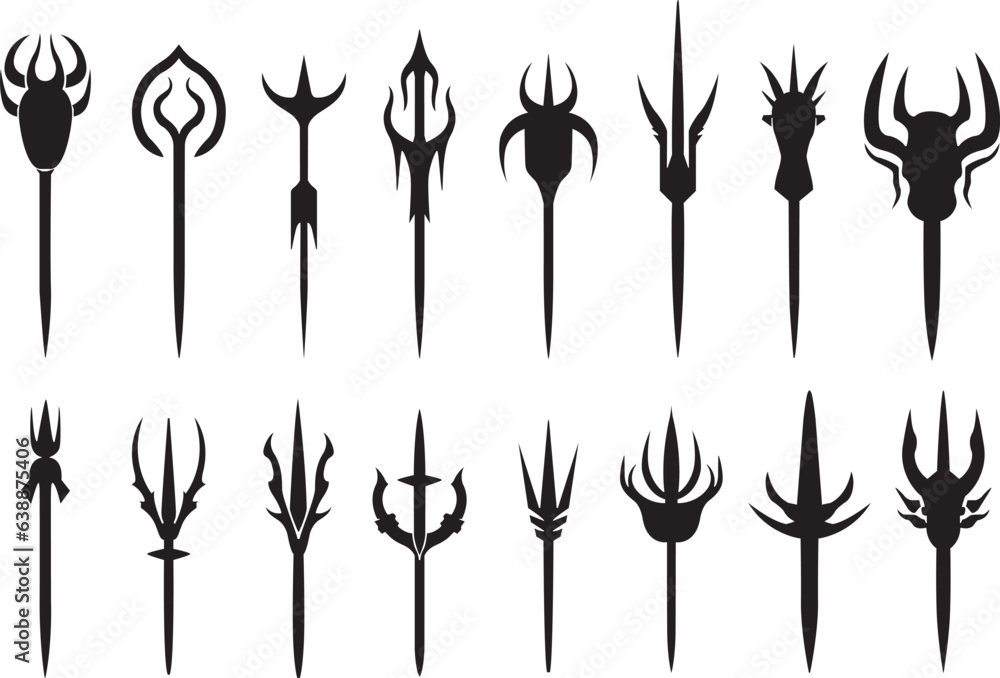 Set of trident silhouettes. Trident icons set. Flat black trident vectors. Set of trident silhouettes. Trident icons set. Flat black trident vectors.