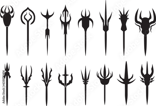 Set of trident silhouettes. Trident icons set. Flat black trident vectors.
