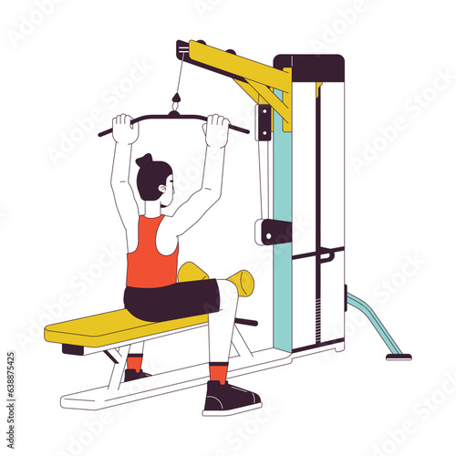 Man holding bar on lat pulldown machine flat line color vector character. Editable outline full body person on white. Engaging gym equipment simple cartoon spot illustration for web graphic design