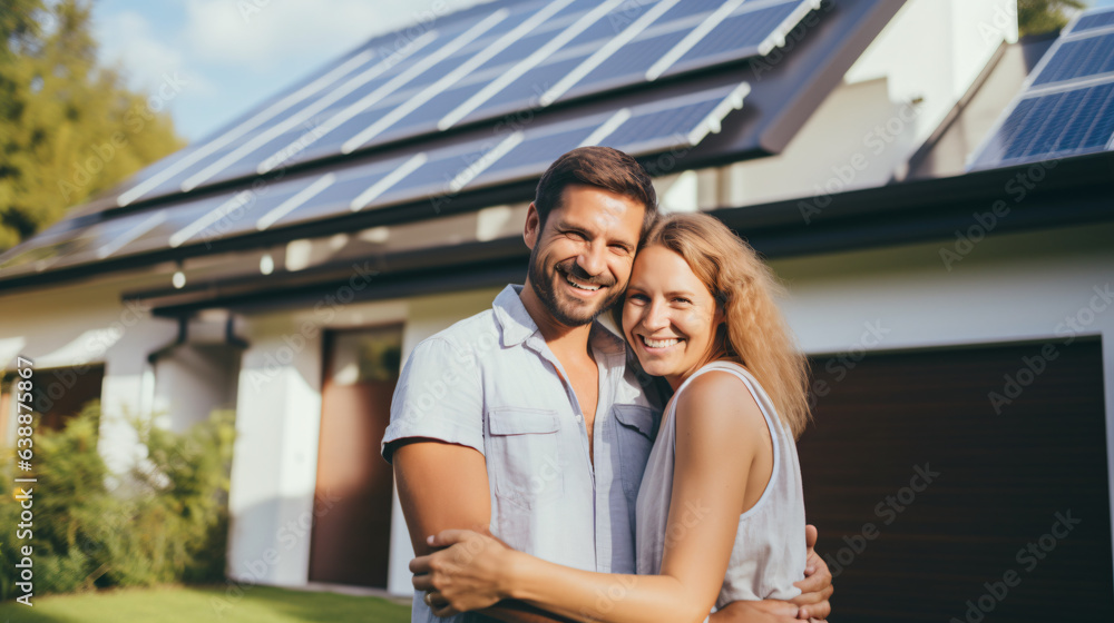 A happy couple stands grinning in the driveway of a spacious home equipped with solar panels, against a modern background. Real estate new home concept.

Generative AI