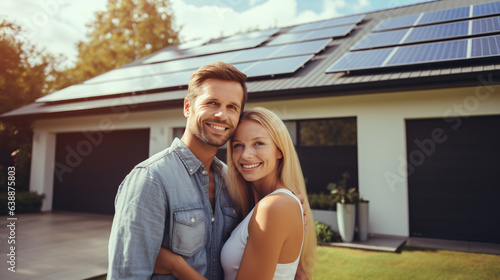 A happy couple stands grinning in the driveway of a spacious home equipped with solar panels, against a modern background. Real estate new home concept.Generative AI