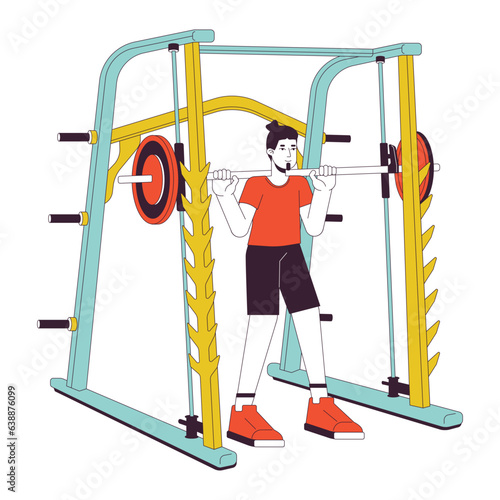 Man holding barbell in smith machine flat line color vector character. Editable outline full body person on white. Performing powerlifting simple cartoon spot illustration for web graphic design